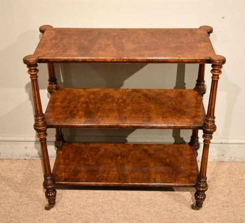 19th century burr walnut three tier side table shelves - CATEGORY: ANTIQUE FURNITURE - DATED 1880