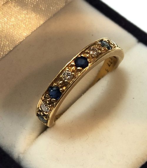 vintage 50s 18ct gold sapphire diamond half eternity ring size n - CATEGORY: ANTIQUE JEWELLERY - DATED 1950
