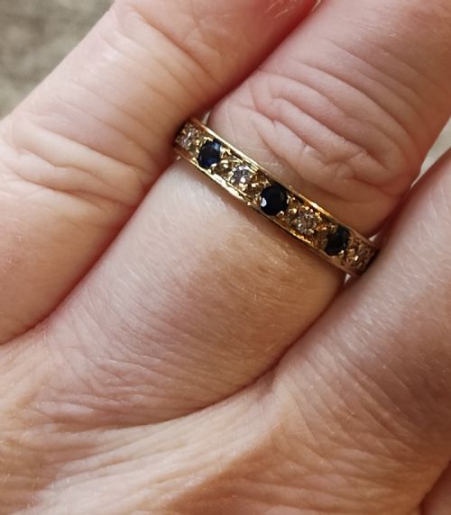 VINTAGE 50S 18CT GOLD SAPPHIRE DIAMOND HALF ETERNITY RING SIZE N - ADDITIONAL PHOTO 7