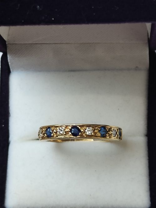 VINTAGE 50S 18CT GOLD SAPPHIRE DIAMOND HALF ETERNITY RING SIZE N - ADDITIONAL PHOTO 8