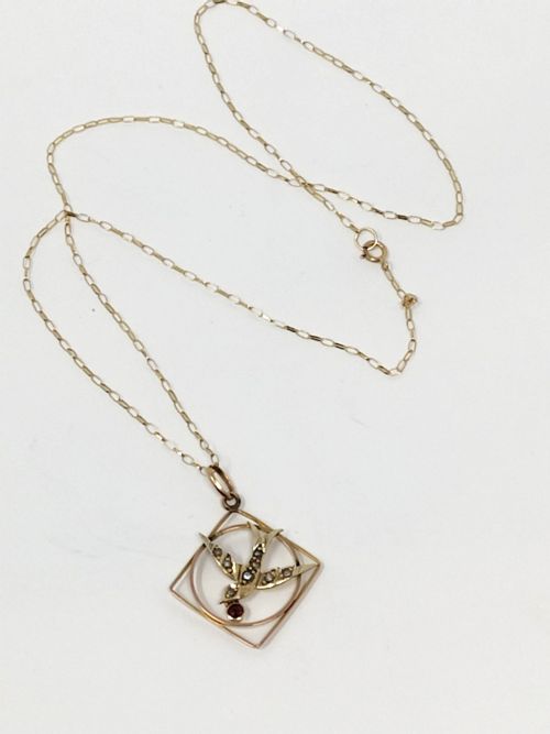VICTORIAN 9CT GOLD GARNET SWALLOW PENDANT NECKLACE - ADDITIONAL PHOTO 1