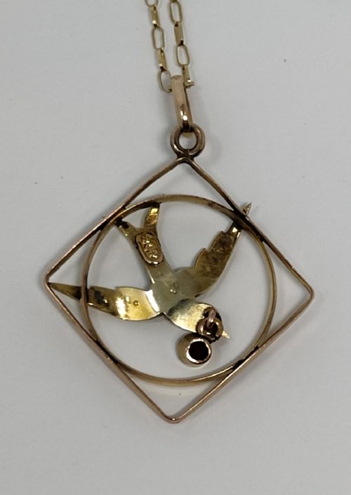 VICTORIAN 9CT GOLD GARNET SWALLOW PENDANT NECKLACE - ADDITIONAL PHOTO 2