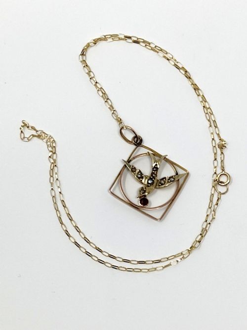 VICTORIAN 9CT GOLD GARNET SWALLOW PENDANT NECKLACE - ADDITIONAL PHOTO 3