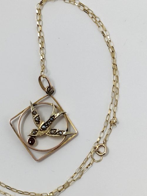 VICTORIAN 9CT GOLD GARNET SWALLOW PENDANT NECKLACE - ADDITIONAL PHOTO 4