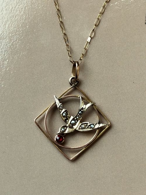 VICTORIAN 9CT GOLD GARNET SWALLOW PENDANT NECKLACE - ADDITIONAL PHOTO 6