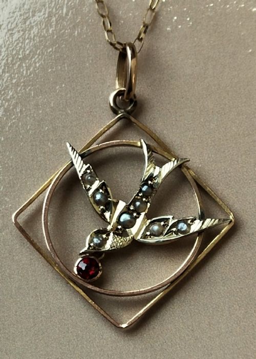 VICTORIAN 9CT GOLD GARNET SWALLOW PENDANT NECKLACE - ADDITIONAL PHOTO 7