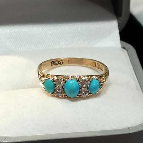 edwardian sleeping beauty 18ct gold turquoise diamond ring size p5 usa 8 - CATEGORY: ANTIQUE JEWELLERY - DATED EDWARDIAN