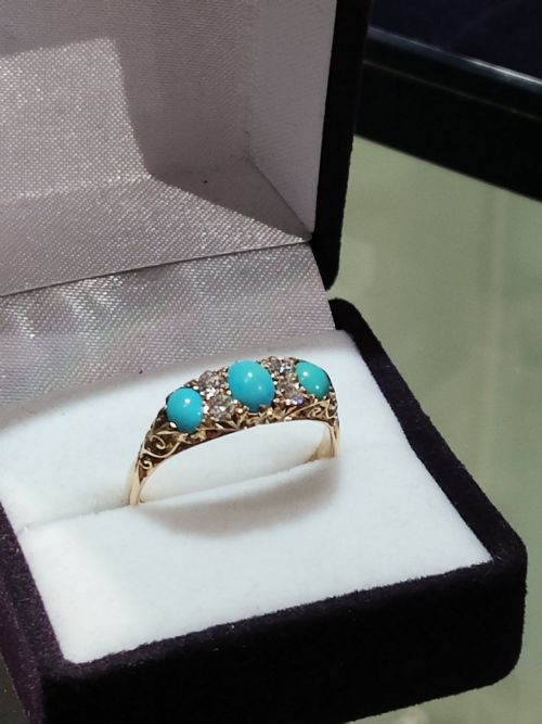 EDWARDIAN SLEEPING BEAUTY 18CT GOLD TURQUOISE DIAMOND RING SIZE P5 USA 8 - ADDITIONAL PHOTO 2