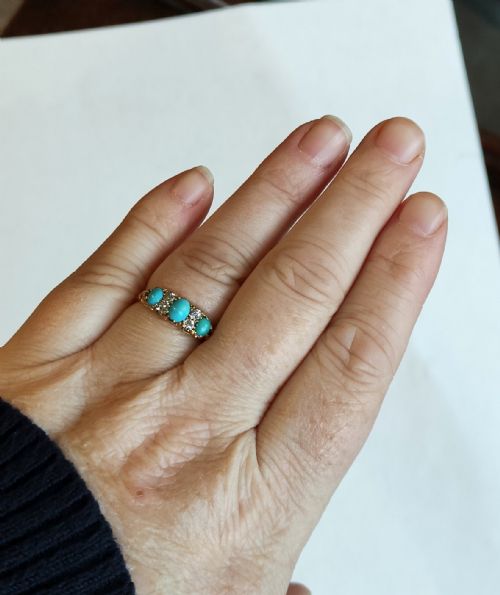 EDWARDIAN SLEEPING BEAUTY 18CT GOLD TURQUOISE DIAMOND RING SIZE P5 USA 8 - ADDITIONAL PHOTO 3