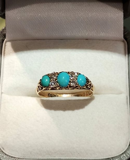 EDWARDIAN SLEEPING BEAUTY 18CT GOLD TURQUOISE DIAMOND RING SIZE P5 USA 8 - ADDITIONAL PHOTO 4