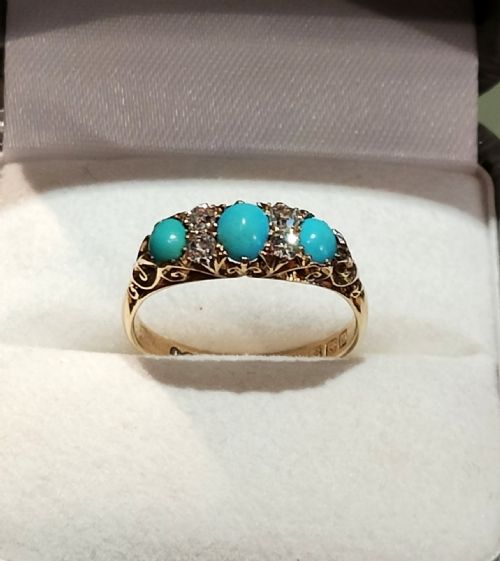 EDWARDIAN SLEEPING BEAUTY 18CT GOLD TURQUOISE DIAMOND RING SIZE P5 USA 8 - ADDITIONAL PHOTO 5