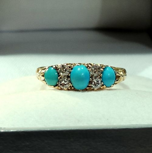 EDWARDIAN SLEEPING BEAUTY 18CT GOLD TURQUOISE DIAMOND RING SIZE P5 USA 8 - ADDITIONAL PHOTO 6