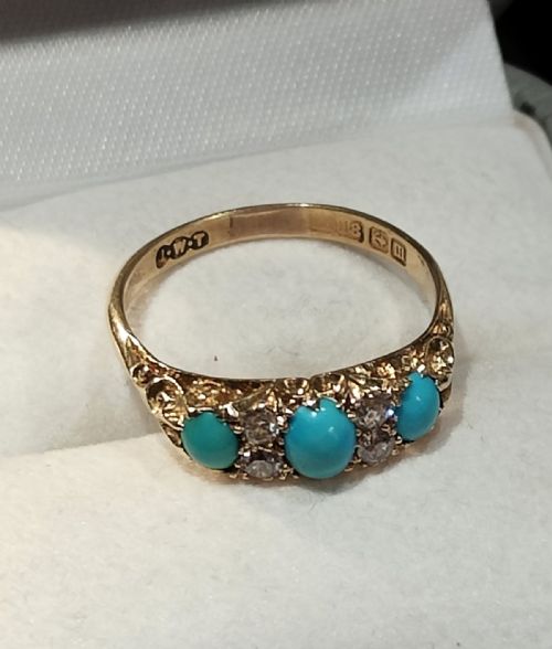 EDWARDIAN SLEEPING BEAUTY 18CT GOLD TURQUOISE DIAMOND RING SIZE P5 USA 8 - ADDITIONAL PHOTO 7