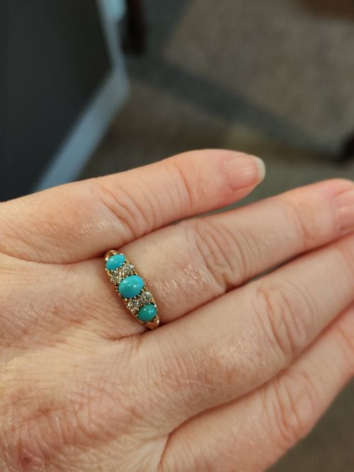 EDWARDIAN SLEEPING BEAUTY 18CT GOLD TURQUOISE DIAMOND RING SIZE P5 USA 8 - ADDITIONAL PHOTO 9