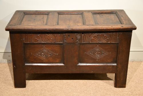 small charles i oak two panelled coffer - CATEGORY: ANTIQUE CHESTS - DATED 17TH CENTURY