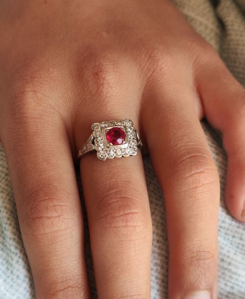 ART DECO 18CT GOLD PLATINUM DIAMOND RUBY RING SIZE L - ADDITIONAL PHOTO 1