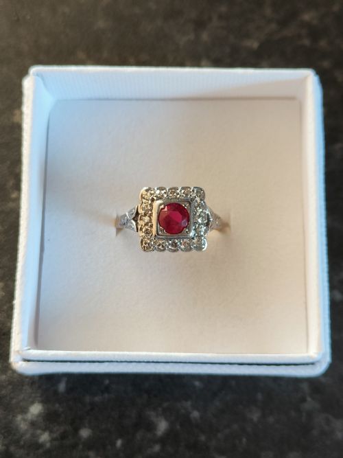 ART DECO 18CT GOLD PLATINUM DIAMOND RUBY RING SIZE L - ADDITIONAL PHOTO 3