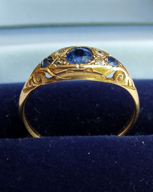 EDWARDIAN 18CT GOLD SAPPHIRE DIAMOND BOAT RING - ADDITIONAL PHOTO 1