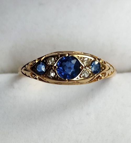edwardian 18ct gold sapphire diamond boat ring - CATEGORY: ANTIQUE JEWELLERY - DATED 1900