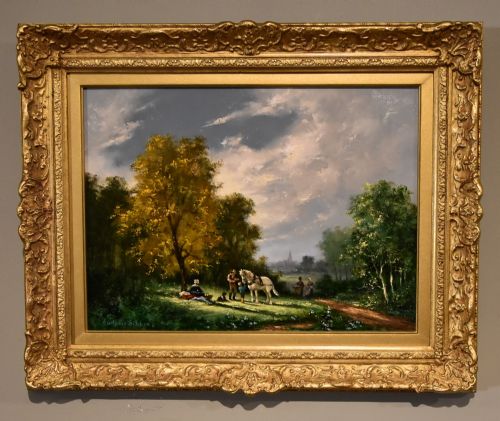 oil painting by gudrun sibbons picnic in the country - CATEGORY: ANTIQUE ART - DATED 1950