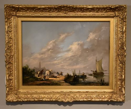 oil painting by gudrun sibbons unloading the catch - CATEGORY: ANTIQUE ART - DATED 1940