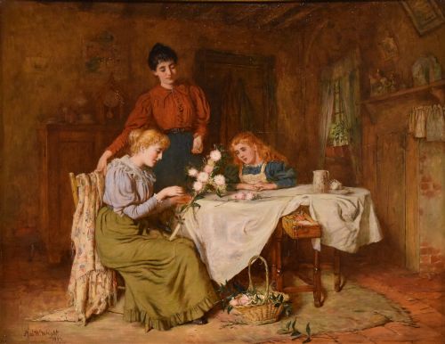 OIL PAINTING BY ROBERT WILLIAM WRIGHT MAKING THE EASTER CROSS - ADDITIONAL PHOTO 1