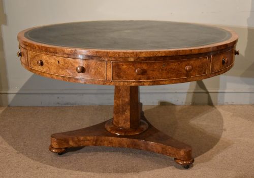 regency burr oak drum table four drawer - CATEGORY: ANTIQUE TABLES - DATED 19TH CENTURY