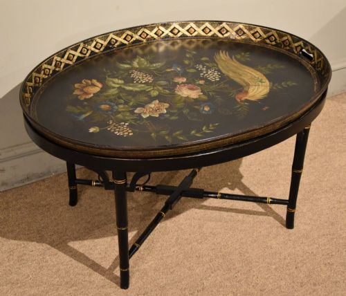 LARGE OVAL REGENCY PAINTED TRAY ON STAND - ADDITIONAL PHOTO 1