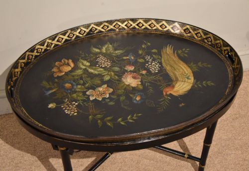 LARGE OVAL REGENCY PAINTED TRAY ON STAND - ADDITIONAL PHOTO 2