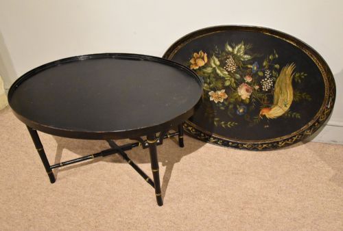LARGE OVAL REGENCY PAINTED TRAY ON STAND - ADDITIONAL PHOTO 4