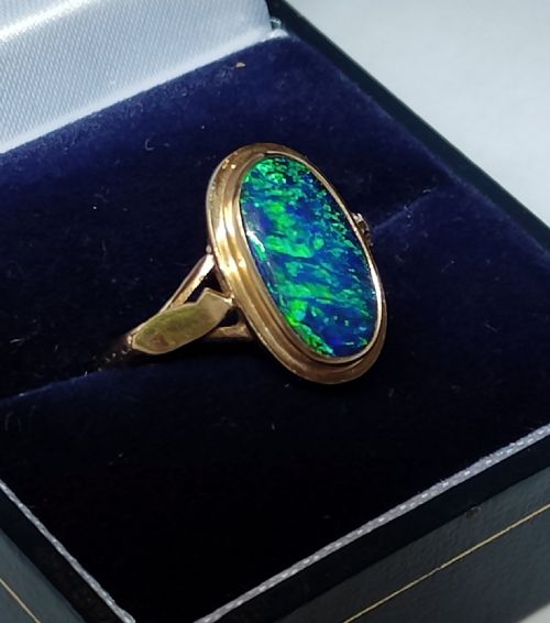 VINTAGE 9CT BLACK OPAL DOUBLET RING SIZE L USA 534 - ADDITIONAL PHOTO 1