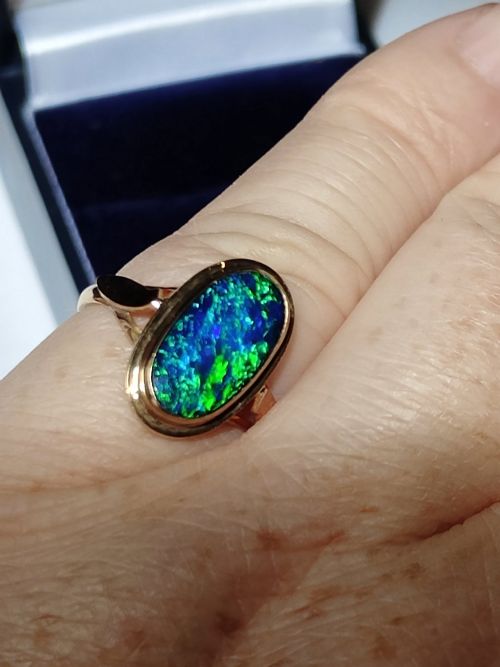 VINTAGE 9CT BLACK OPAL DOUBLET RING SIZE L USA 534 - ADDITIONAL PHOTO 7