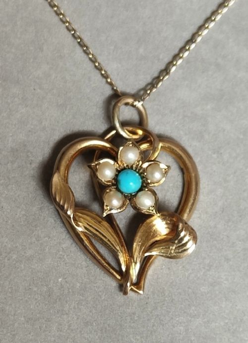 victorian 15ct gold turquoise pearl pendant necklace - CATEGORY: ANTIQUE JEWELLERY - DATED VICTORIAN