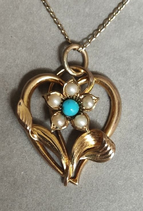 VICTORIAN 15CT GOLD TURQUOISE PEARL PENDANT NECKLACE - ADDITIONAL PHOTO 1