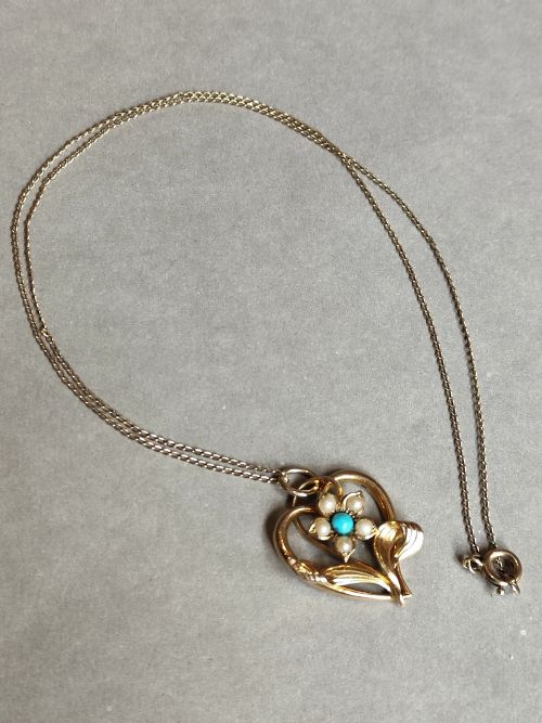 VICTORIAN 15CT GOLD TURQUOISE PEARL PENDANT NECKLACE - ADDITIONAL PHOTO 2
