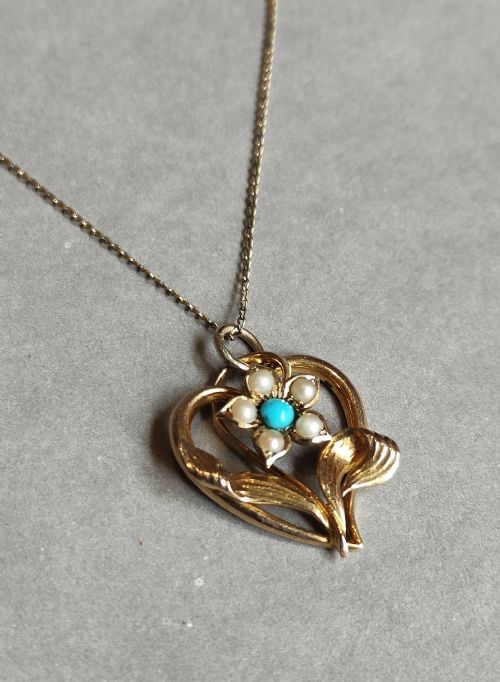 VICTORIAN 15CT GOLD TURQUOISE PEARL PENDANT NECKLACE - ADDITIONAL PHOTO 3