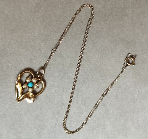 VICTORIAN 15CT GOLD TURQUOISE PEARL PENDANT NECKLACE - ADDITIONAL PHOTO 5