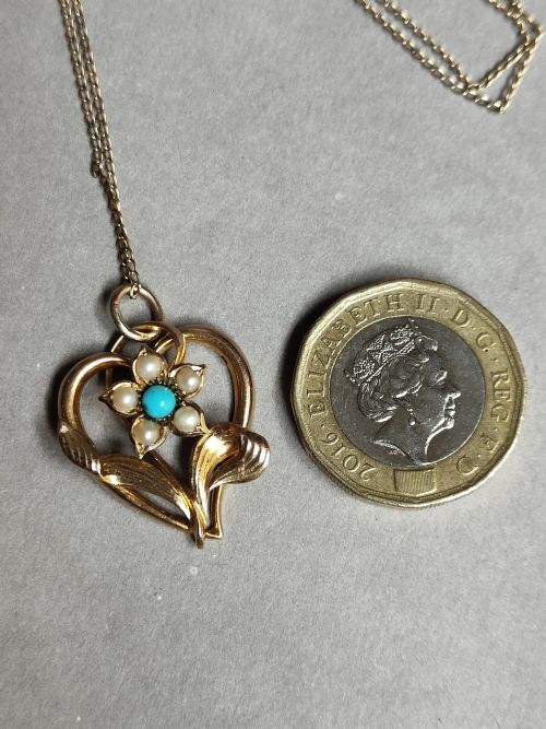 VICTORIAN 15CT GOLD TURQUOISE PEARL PENDANT NECKLACE - ADDITIONAL PHOTO 7