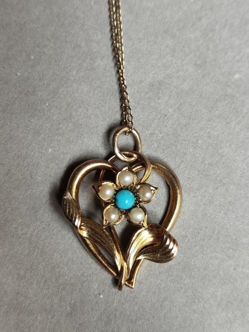 VICTORIAN 15CT GOLD TURQUOISE PEARL PENDANT NECKLACE - ADDITIONAL PHOTO 8