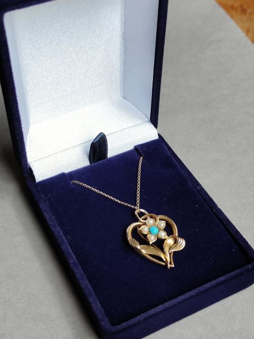 VICTORIAN 15CT GOLD TURQUOISE PEARL PENDANT NECKLACE - ADDITIONAL PHOTO 10