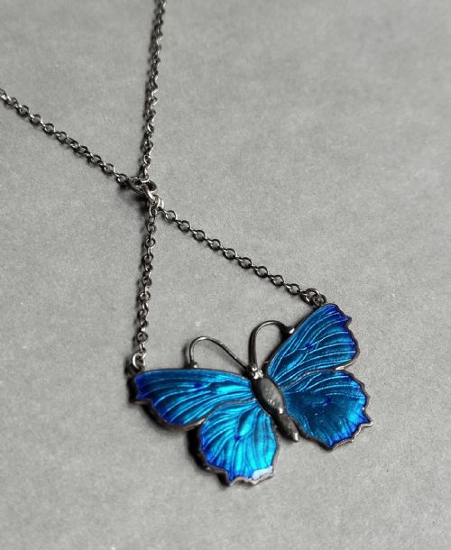 ART DECO CHARLES HORNER SILVER ENAMEL BUTTERFLY PENDANT NECKLACE - ADDITIONAL PHOTO 2
