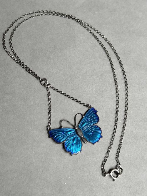 ART DECO CHARLES HORNER SILVER ENAMEL BUTTERFLY PENDANT NECKLACE - ADDITIONAL PHOTO 3