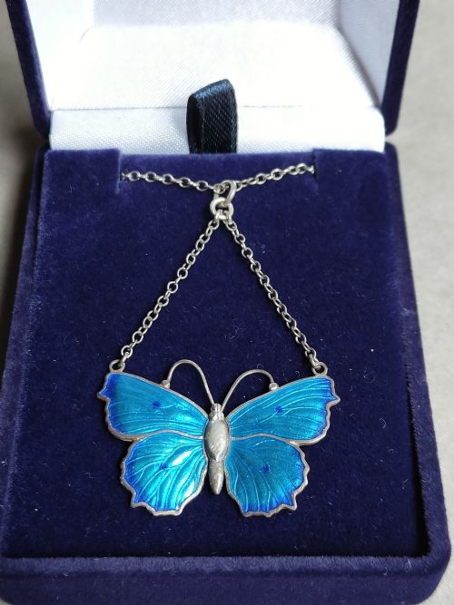 ART DECO CHARLES HORNER SILVER ENAMEL BUTTERFLY PENDANT NECKLACE - ADDITIONAL PHOTO 8