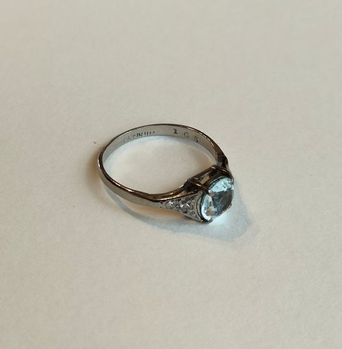ART DECO PLATINUM AQUAMARINE DIAMOND SOLITAIRE RING - ADDITIONAL PHOTO 6