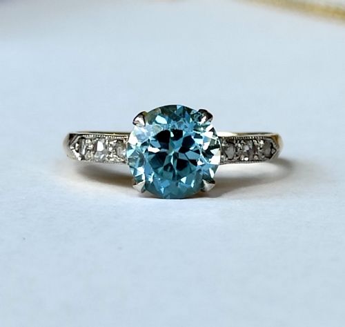 ART DECO 18CT GOLD PLATINUM DIAMOND NATURAL BLUE ZIRCON SOLITAIRE RING - ADDITIONAL PHOTO 2