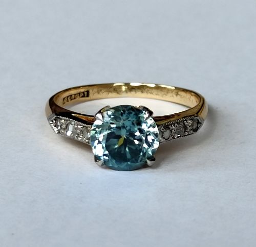 ART DECO 18CT GOLD PLATINUM DIAMOND NATURAL BLUE ZIRCON SOLITAIRE RING - ADDITIONAL PHOTO 3