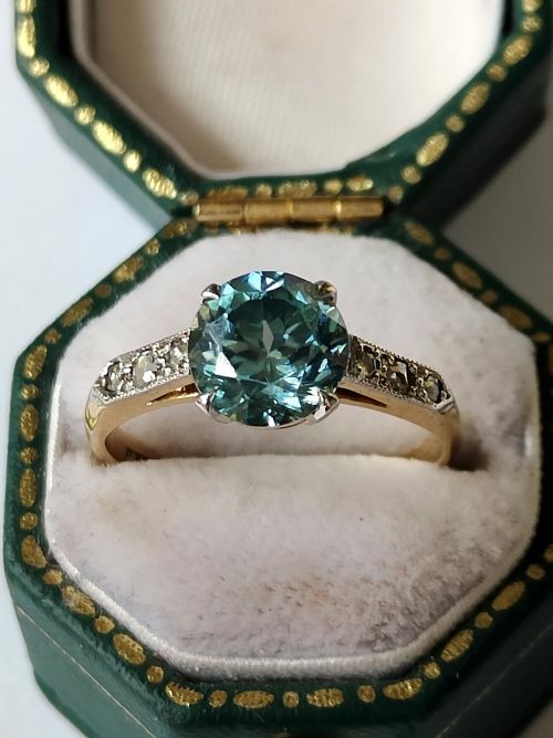 ART DECO 18CT GOLD PLATINUM DIAMOND NATURAL BLUE ZIRCON SOLITAIRE RING - ADDITIONAL PHOTO 4