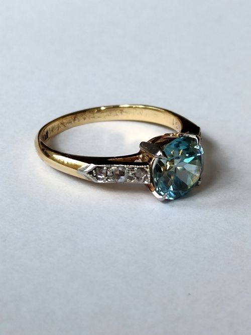 ART DECO 18CT GOLD PLATINUM DIAMOND NATURAL BLUE ZIRCON SOLITAIRE RING - ADDITIONAL PHOTO 5