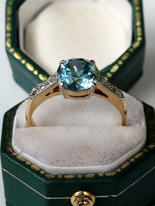 ART DECO 18CT GOLD PLATINUM DIAMOND NATURAL BLUE ZIRCON SOLITAIRE RING - ADDITIONAL PHOTO 6