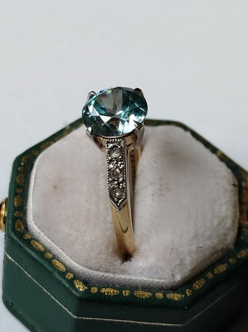 ART DECO 18CT GOLD PLATINUM DIAMOND NATURAL BLUE ZIRCON SOLITAIRE RING - ADDITIONAL PHOTO 7